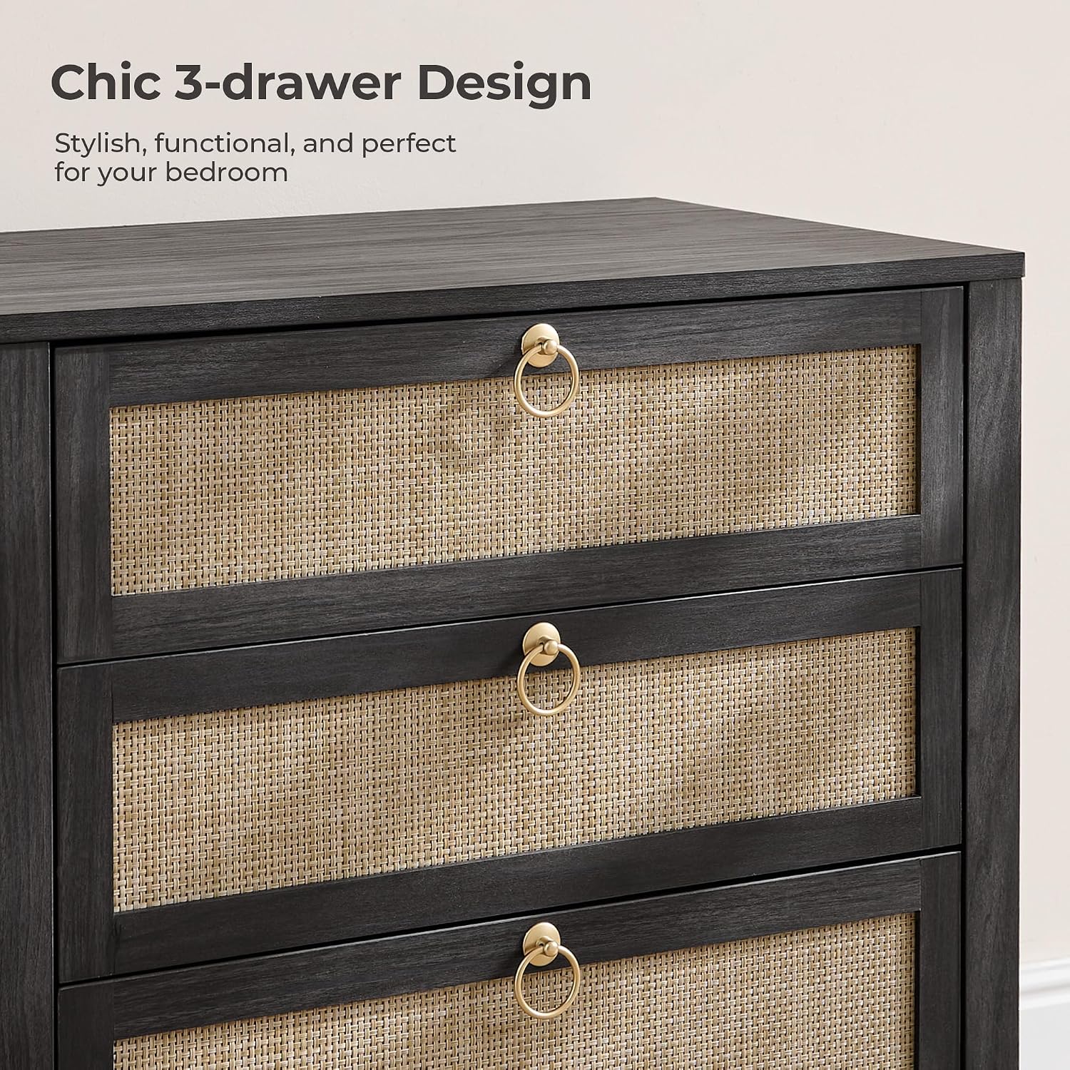 SICOTAS Night Stand with Drawers, Large Rattan Bedside Table with Golden Handle, 3 Drawers Nightstand Tall End Table Side Table Boho Nightstand for Bedroom