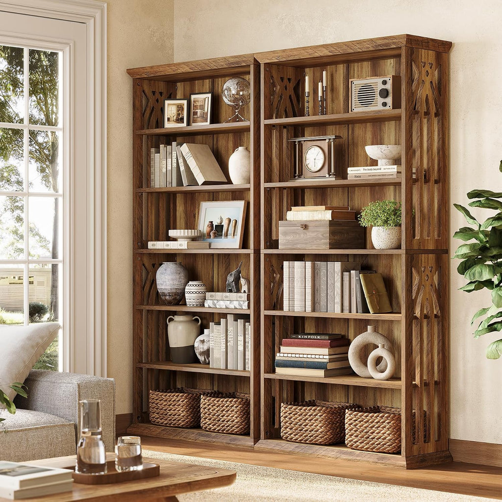 LITTLE TREE 6-Tier Bookcase, 75-Inch Farmhouse Bookshelves and Bookcases, Floor Standing 6 Shelf Wooden Display Storage Shelves Tall Bookcase for Home Office, Living Room, Bed Room, Brown