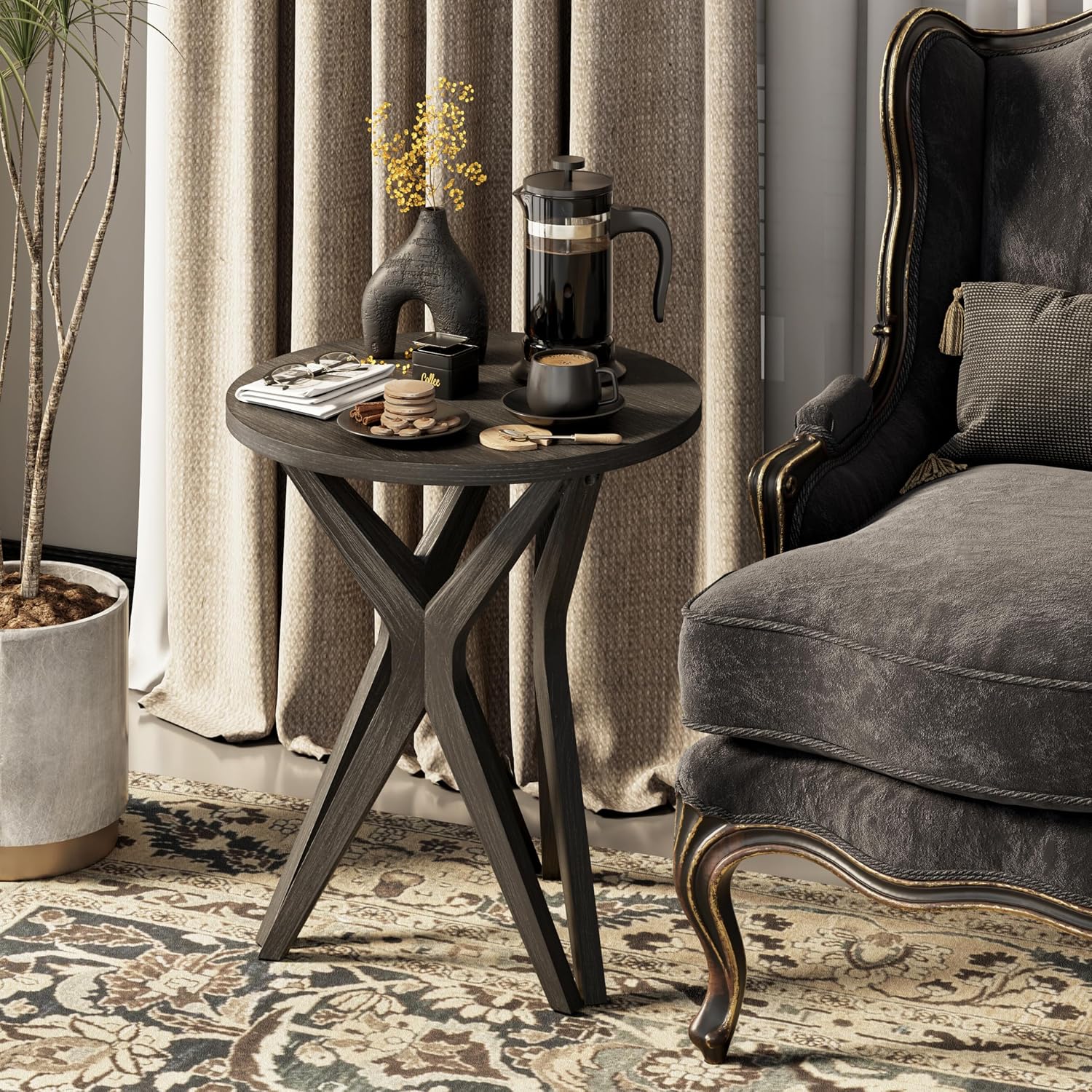 Pedestal Farmhouse End Table Set of 2, Distressed Top with Tripod Base Bedside Table for Living Room, Modern, Boho Decor, Round (2-Pack, Distressed Black)