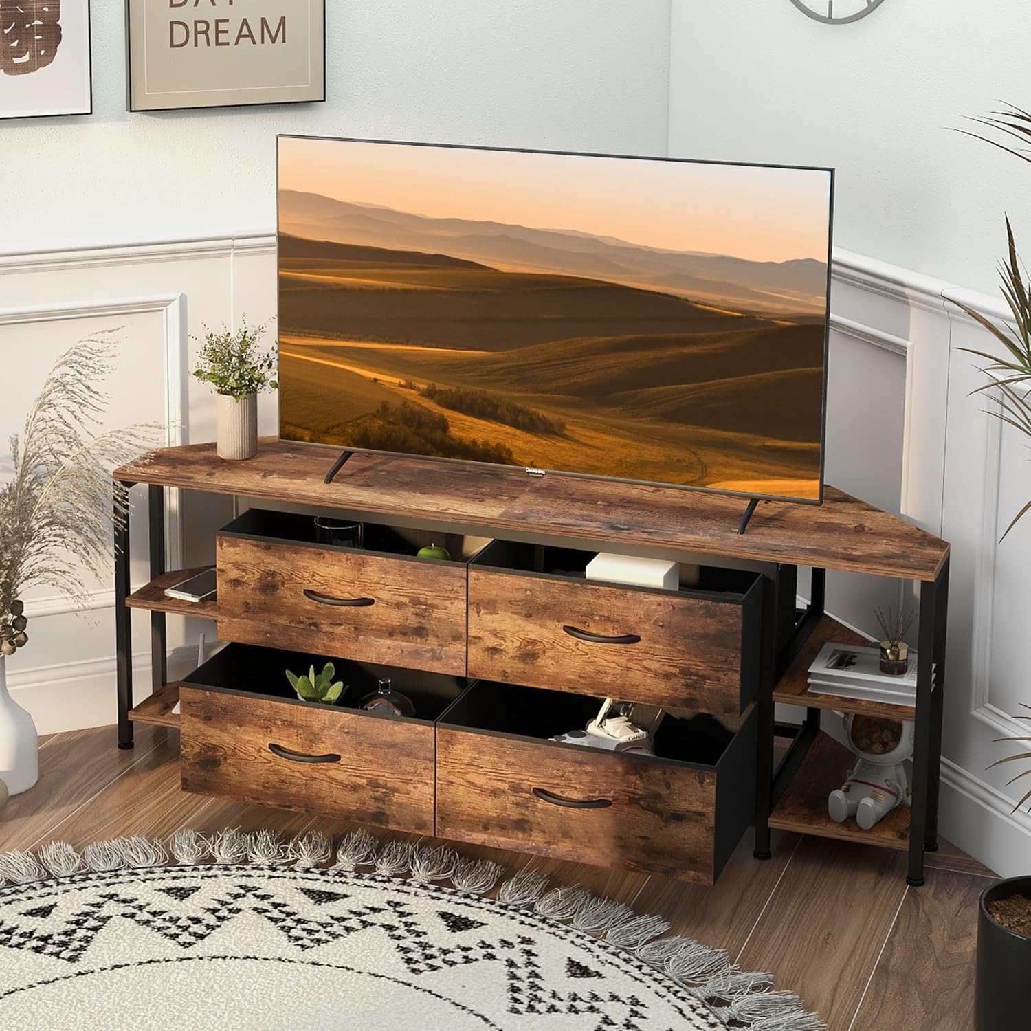 EXOTICA Corner TV Stands for Living Room with 4 Drawers and Power Outlet Industrial Corner Entertainment Centers for TVs up to 55 Inches Farmhouse Corner Console Table with 4 Open Storage for Bedroom