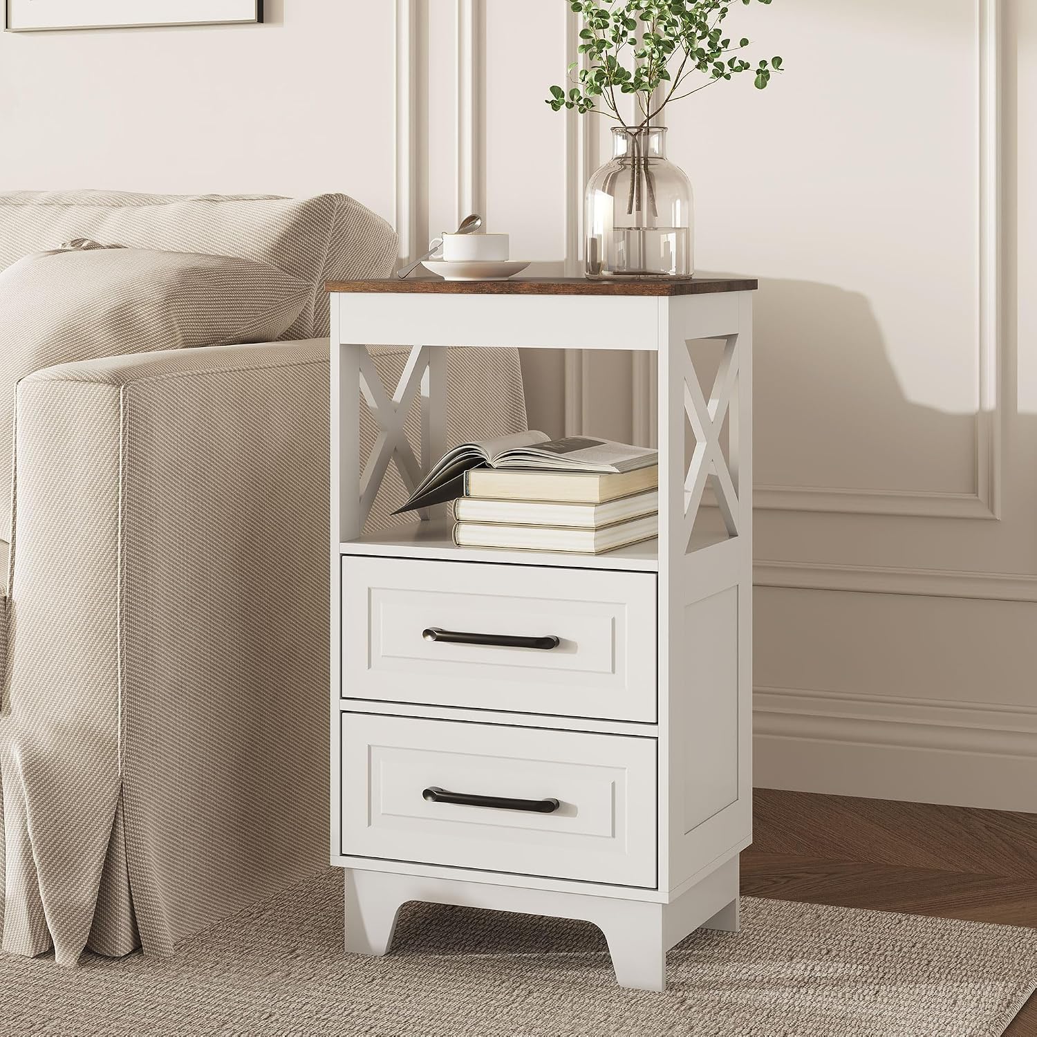 Tall Nightstand Set of 2 Side Table with 2 Drawers Modern Night Stand Wooden Rustic End Table Bedside Table with Below Open Shelf Solid Feet for Bedroom White+Walnut