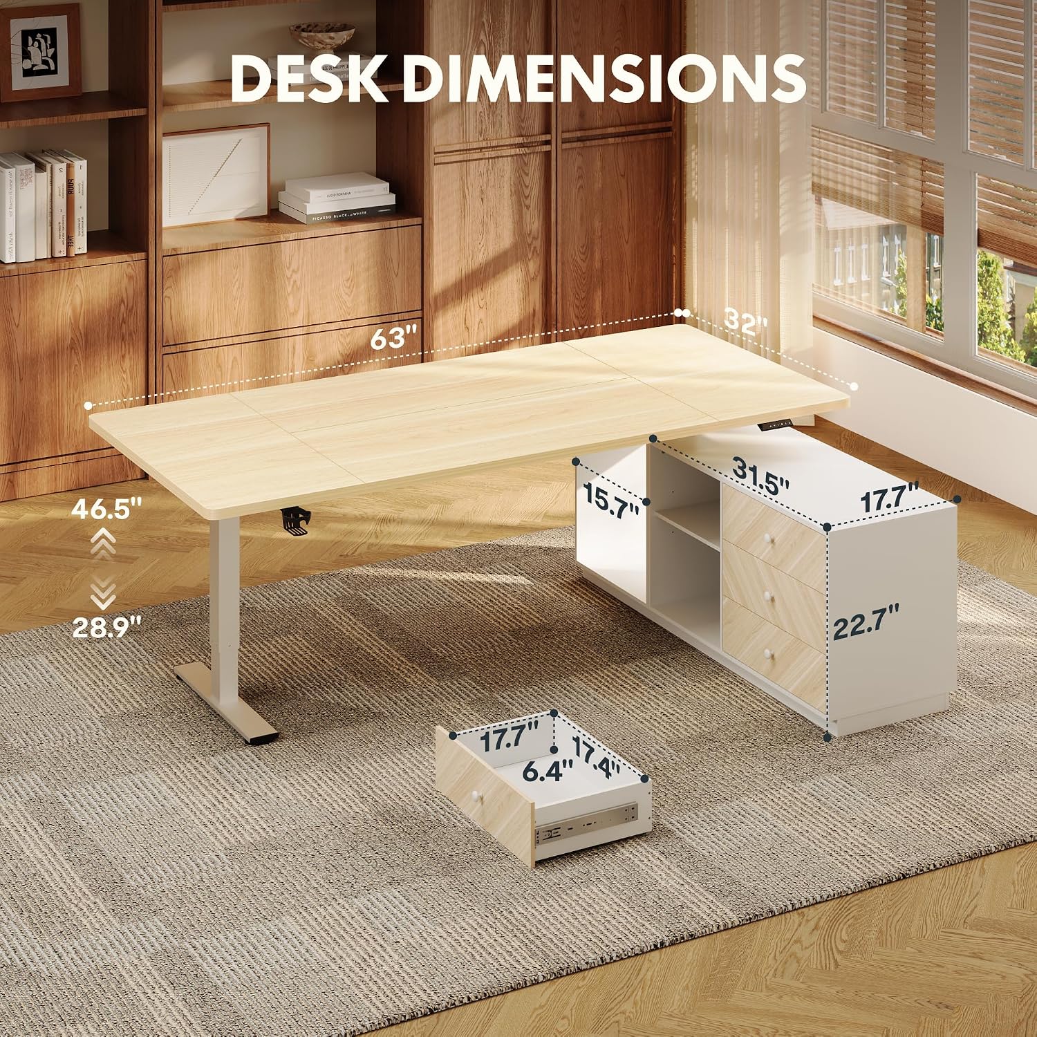 FLEXISPOT L Shaped Standing Desk with Drawers, Large Electric Height Adjustable Executive Desk, Sit Stand Desk for Home Office and Workstation, PC Cabinet (63'x32' White Wood Grain)