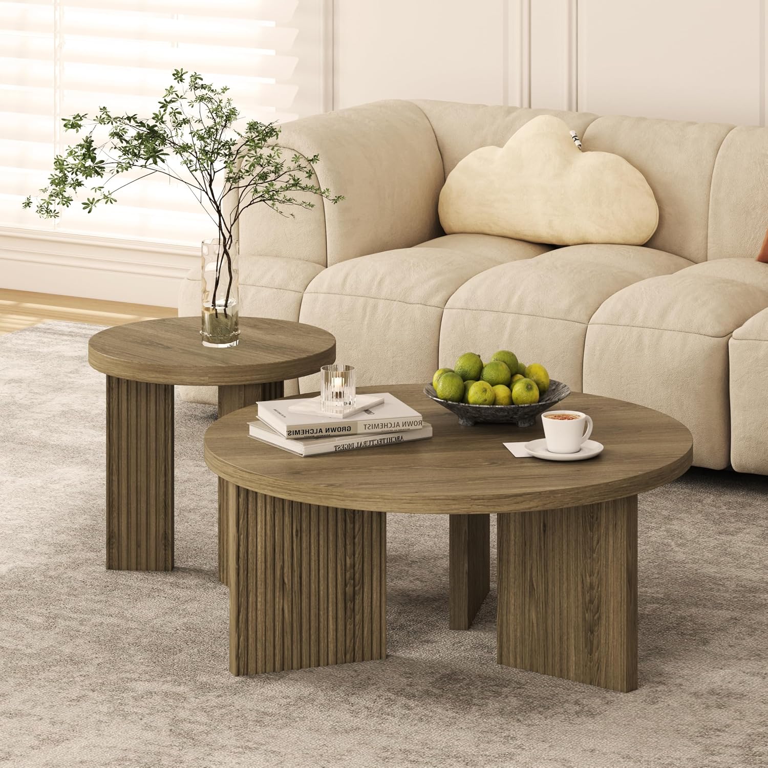 Nesting Coffee Table Set of 2, Modern Wooden Coffee Table with Smooth Thick Design, Circle Tea Table and End Table Set, Accent Center Tables for Living Room, Office, Walnut