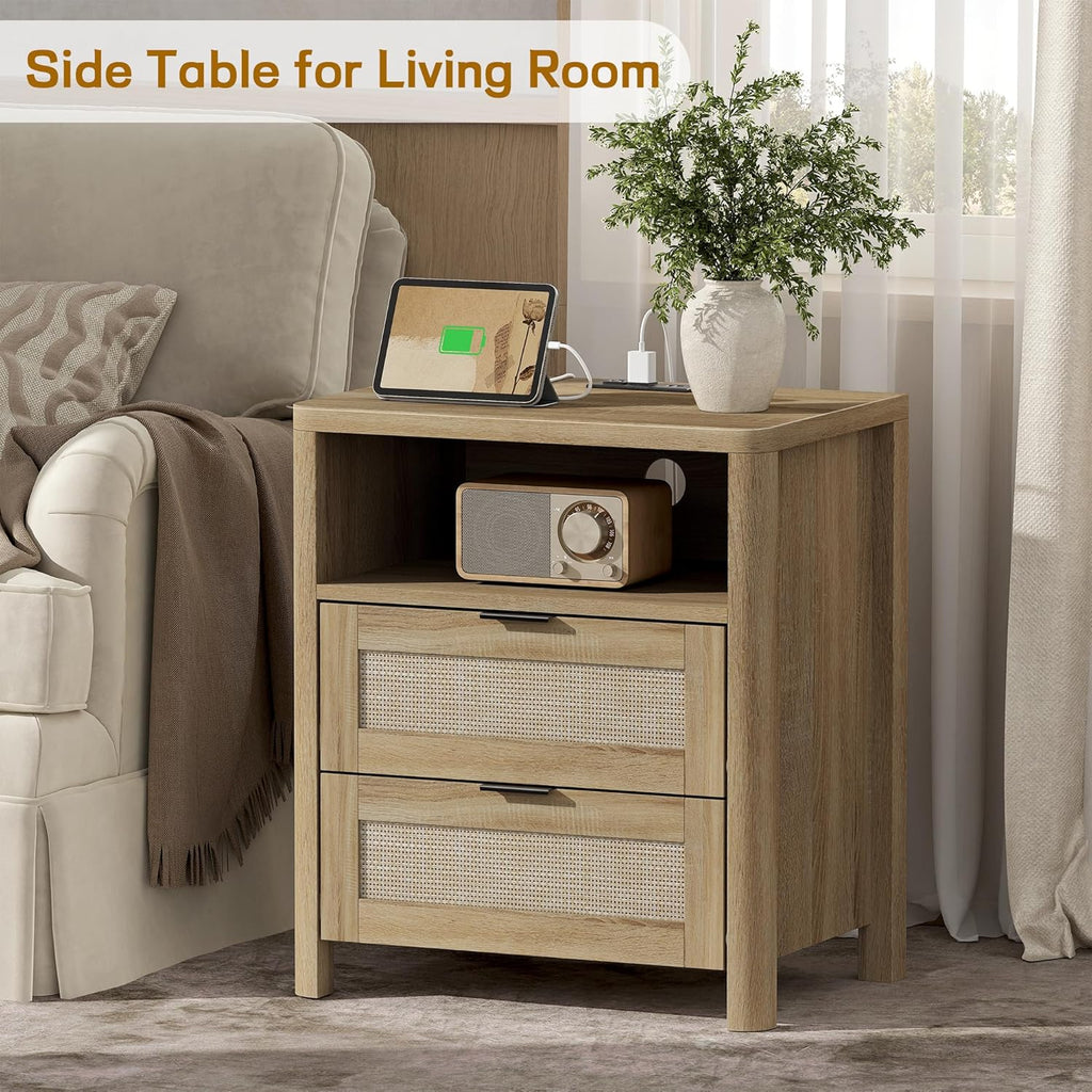 MECHYIN Rattan Nightstand with Charging Station, 23.6' Large Bedside Side Table with Drawer, Wood End Table with Storage, Mid-Century Modern Furniture Side Table for Bedroom, Living Room