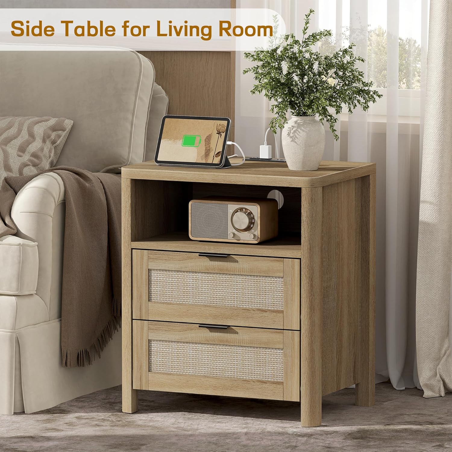 MECHYIN Rattan Nightstand with Charging Station, 23.6' Large Bedside Side Table with Drawer, Wood End Table with Storage, Mid-Century Modern Furniture Side Table for Bedroom, Living Room