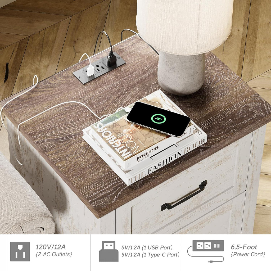 WAMPAT Set of 2 Nightstands Side Table with Charging Station, Antique White End Tables with 2 Drawers for Living Room, Elegant Night Stand Bedside Table for Bedroom, Dorm