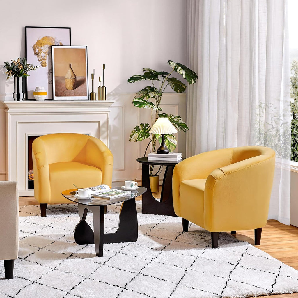 Yaheetech Barrel Chairs, Velvet Accent Chairs with Soft Padded Armrest for Living Room Bedroom Waiting Room Office, Set of 2, Yellow