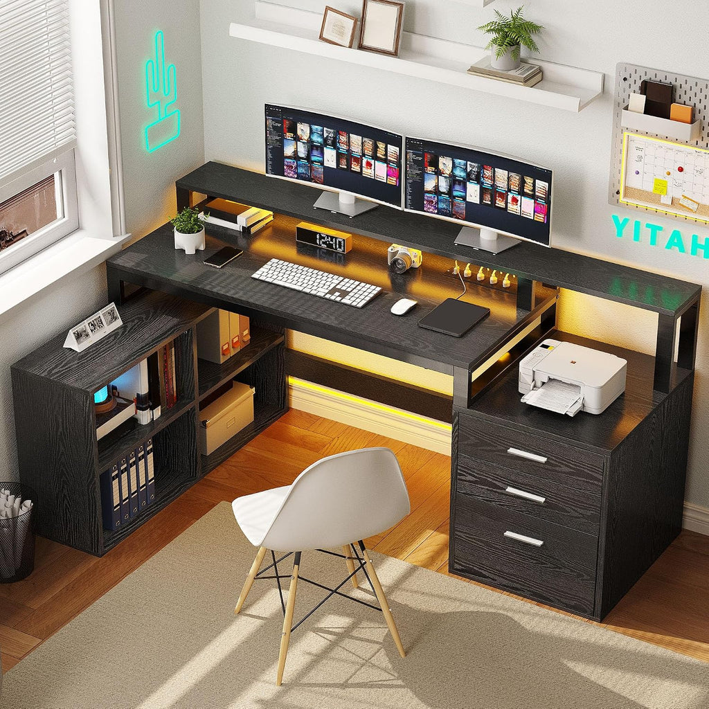 YITAHOME L Shaped Desk with 3 Drawers, 65' Corner Computer Desk with Power Outlets & LED Lights, L-Shaped Desk with File Cabinet & Printer Stand for Home Office, Black
