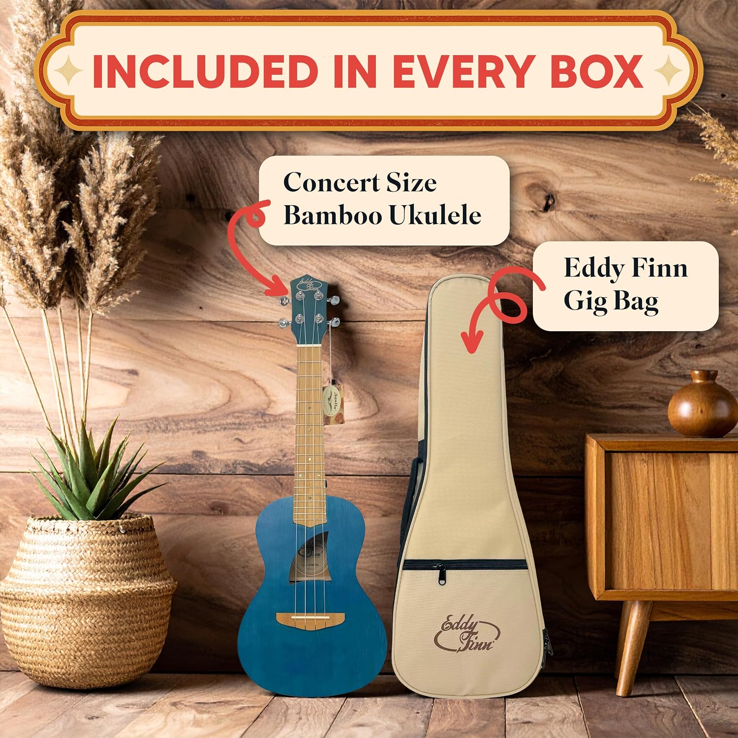 Bamboo Beach Concert Ukulele for Adults, Beginner and Professional Musical Instrument, Travel-Friendly with Gig Bag, Concert Blue