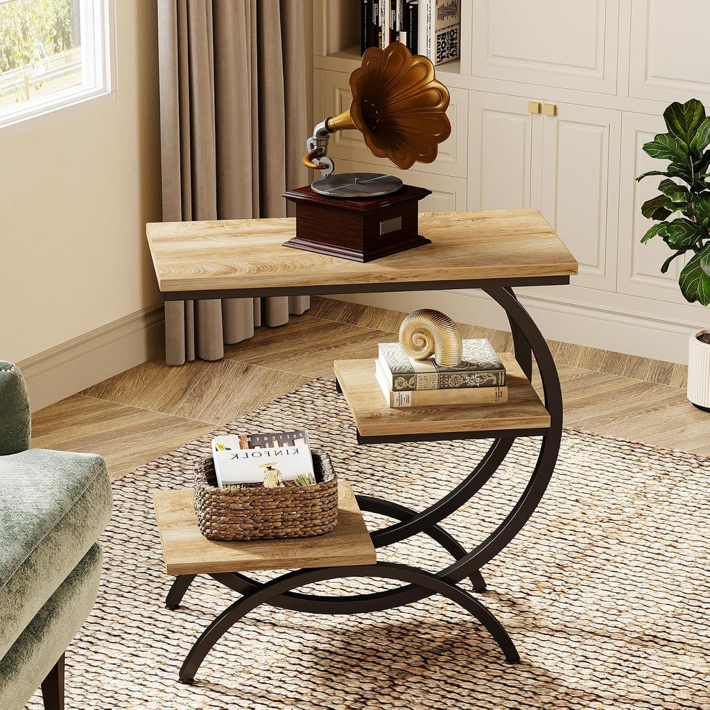 Tribesigns C-Shaped End Table Set of 2, Industrial 3-Tier Small Side Table for Couch, Wood Bedside Table Snack Side Table with Storage Shelves for Living Room Small Space, Light Brown