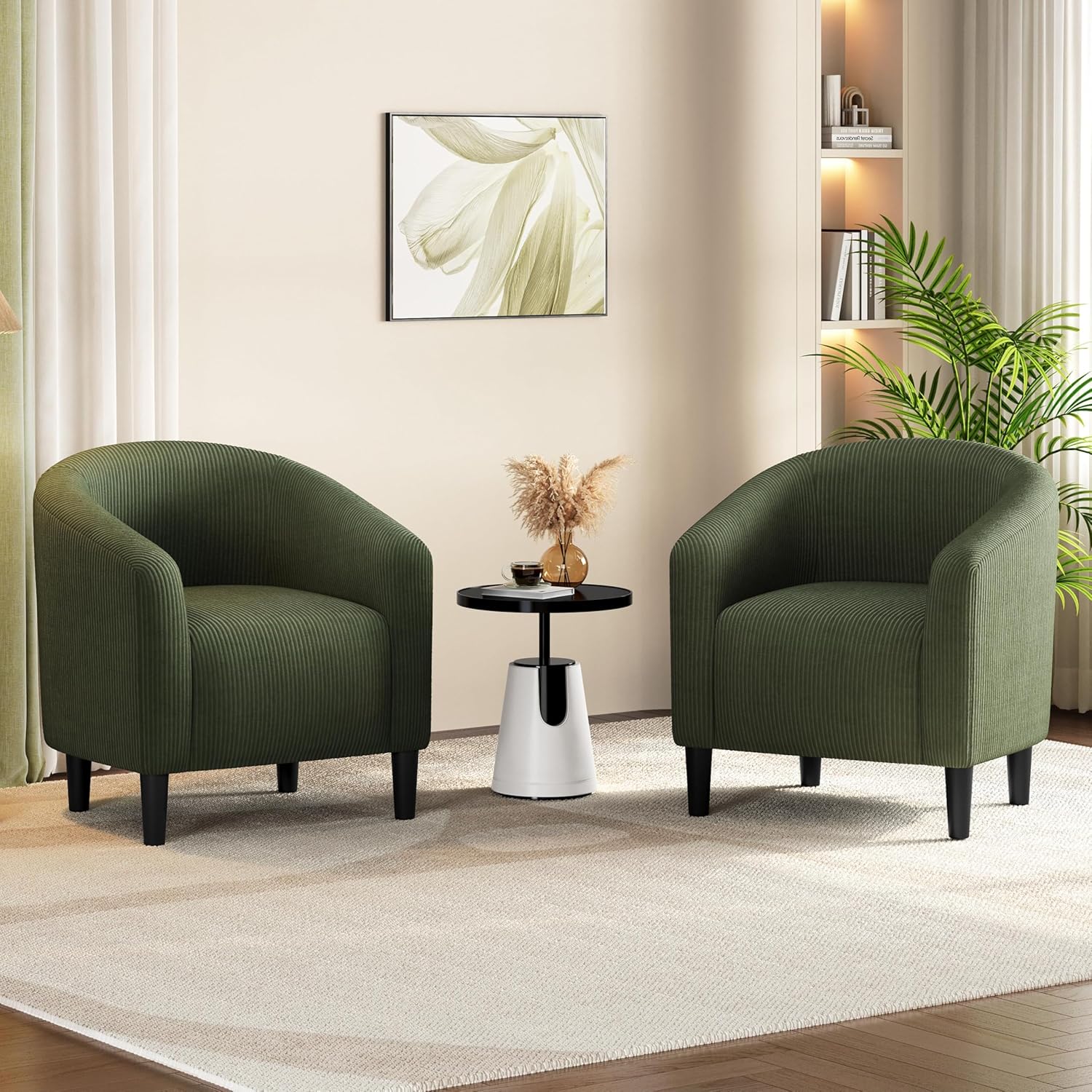 Yaheetech Barrel Chairs, Furry Accent Chairs with Soft Padded Armrest for Living Room Bedroom Waiting Room Office, Set of 2, Dark Green