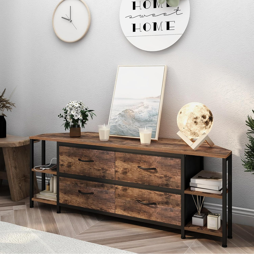 EXOTICA Corner TV Stands for Living Room with 4 Drawers and Power Outlet Industrial Corner Entertainment Centers for TVs up to 55 Inches Farmhouse Corner Console Table with 4 Open Storage for Bedroom