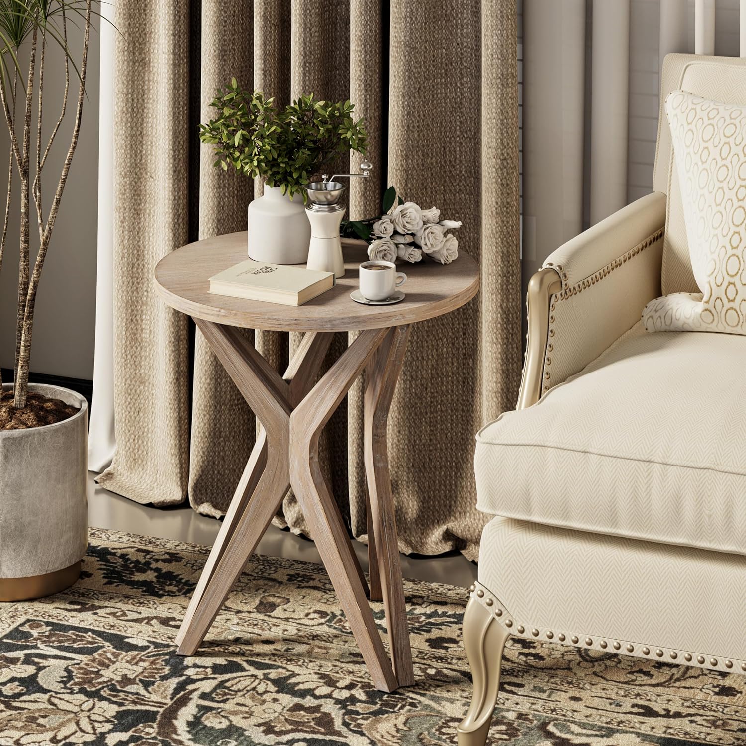 Pedestal Farmhouse End Table Set of 2, Distressed Top with Tripod Base Bedside Table for Living Room, Modern, Boho Decor, Round (2-Pack, Distressed Aah Grey)
