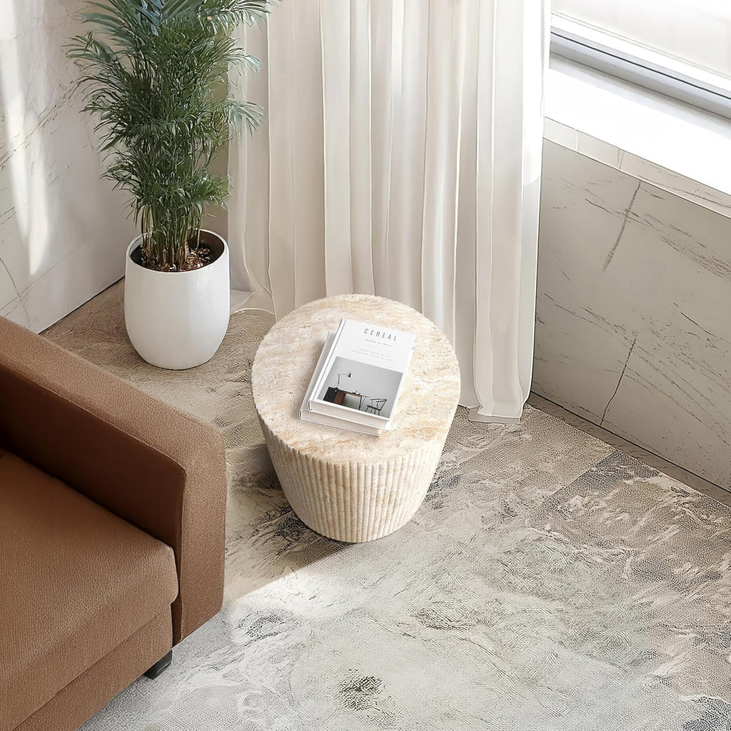Empire Art Direct Column Travertine Stone Finish Italian Design MgO Side Accent Table, Living Room, Bedroom & Office, 13.3'x13.3'x18.7'