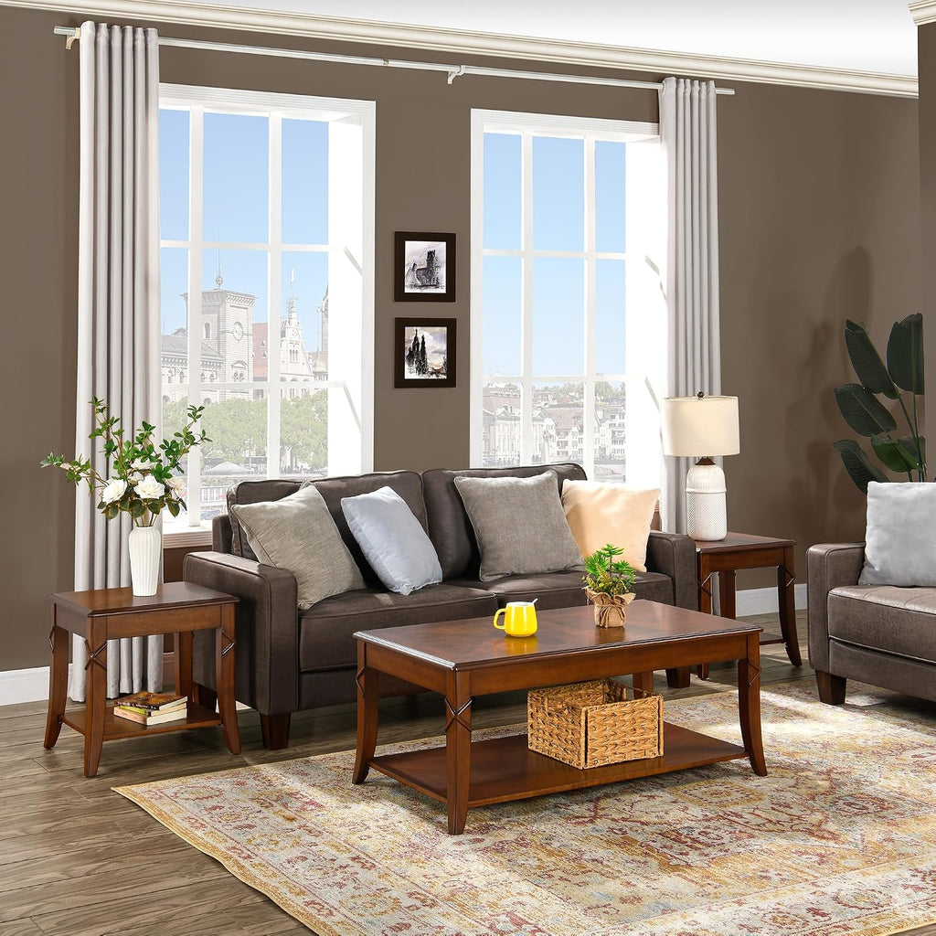 Solid Wood Coffee Table with Storage Shelf, Mid-Century Living Room Tables with Carved Tabletop and Leg, 43.3' Splicing Cocktail Center Sofa Table, Cherry Brown KFZ-DR200