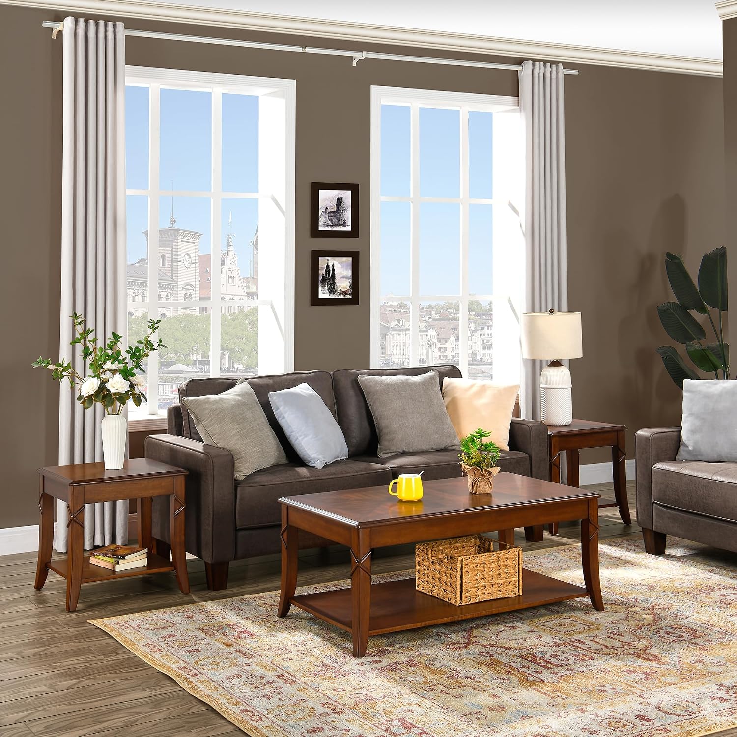 Solid Wood Coffee Table with Storage Shelf, Mid-Century Living Room Tables with Carved Tabletop and Leg, 43.3' Splicing Cocktail Center Sofa Table, Cherry Brown KFZ-DR200