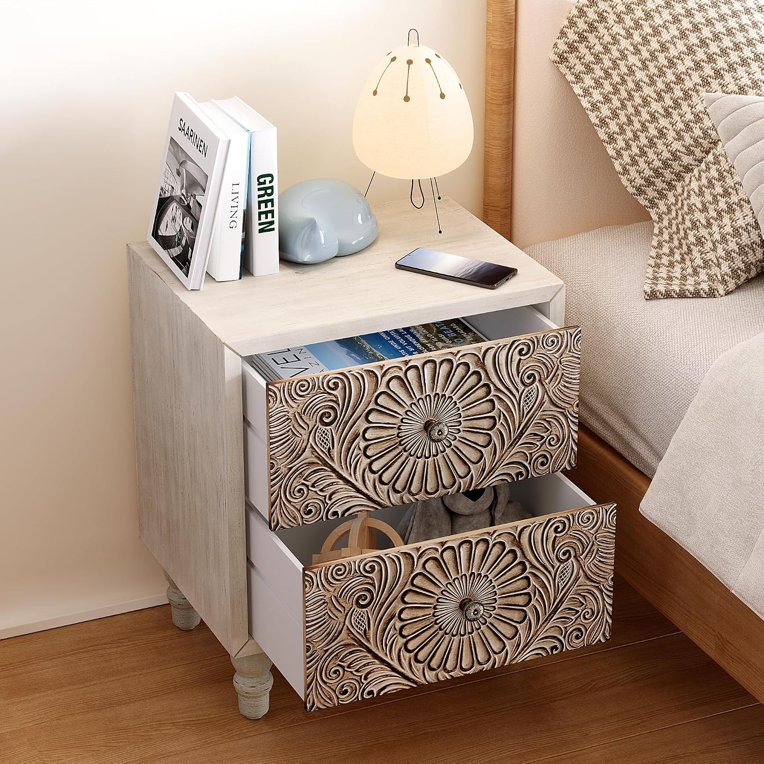 SUNBURY Nightstand w 2 Drawers, 18' Vintage Bedside Table, End Table Living Room Small Side Table, Lightweight MDF Accent Table Bedside Furniture