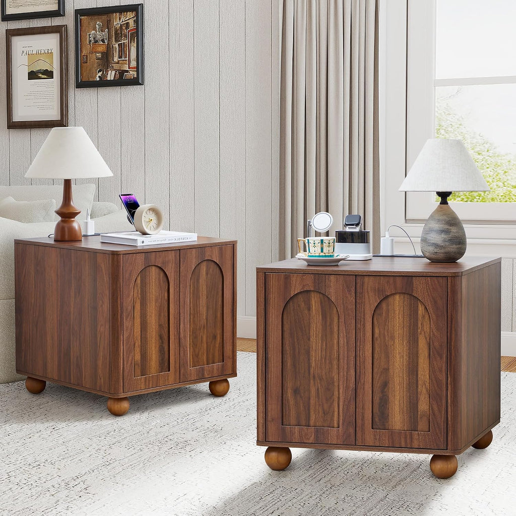 Bed Side Table Set of 2 with Charging Station, Mid Century Modern Nightstand with 2 Doors, Square End Table with Storage for Couch, Living Room, Sofa Side Table for Office, Dorm - Walnut