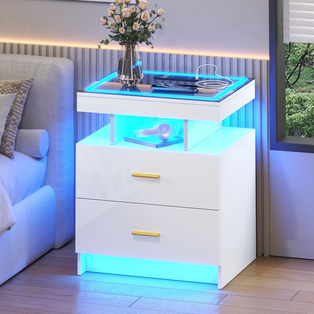 LED Nightstand Set 2 with Wireless Charging Station,White Night Stand with 2 Drawers,Glass Top Smart Bedside Table,Modern End Table Side for Bedroom,Living Room,Office
