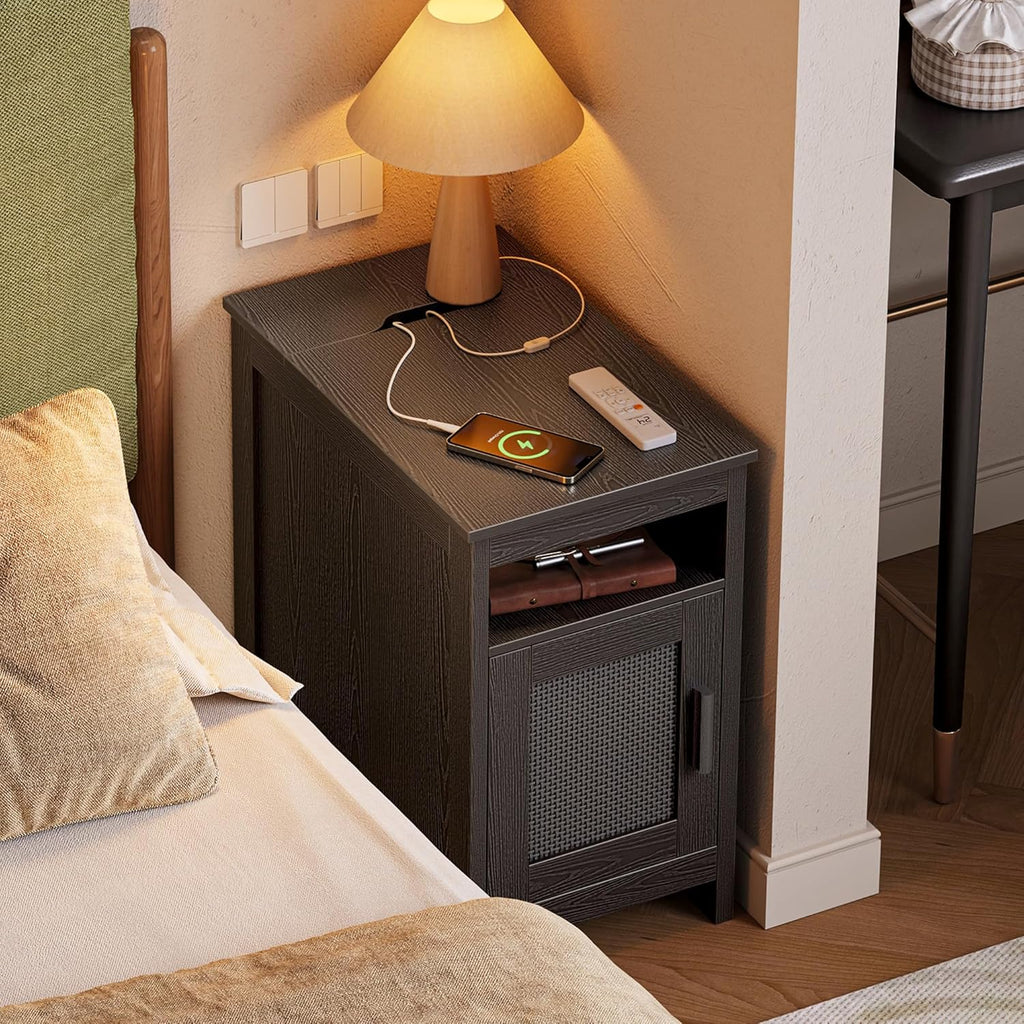 Huuger Narrow Night Stand Set of 2, End Table with Charging Station, USB-C Port, Rattan Side Table with Cabinet and Open Shelf, Synthetic Rattan, for Small Spaces, Bedroom, Black