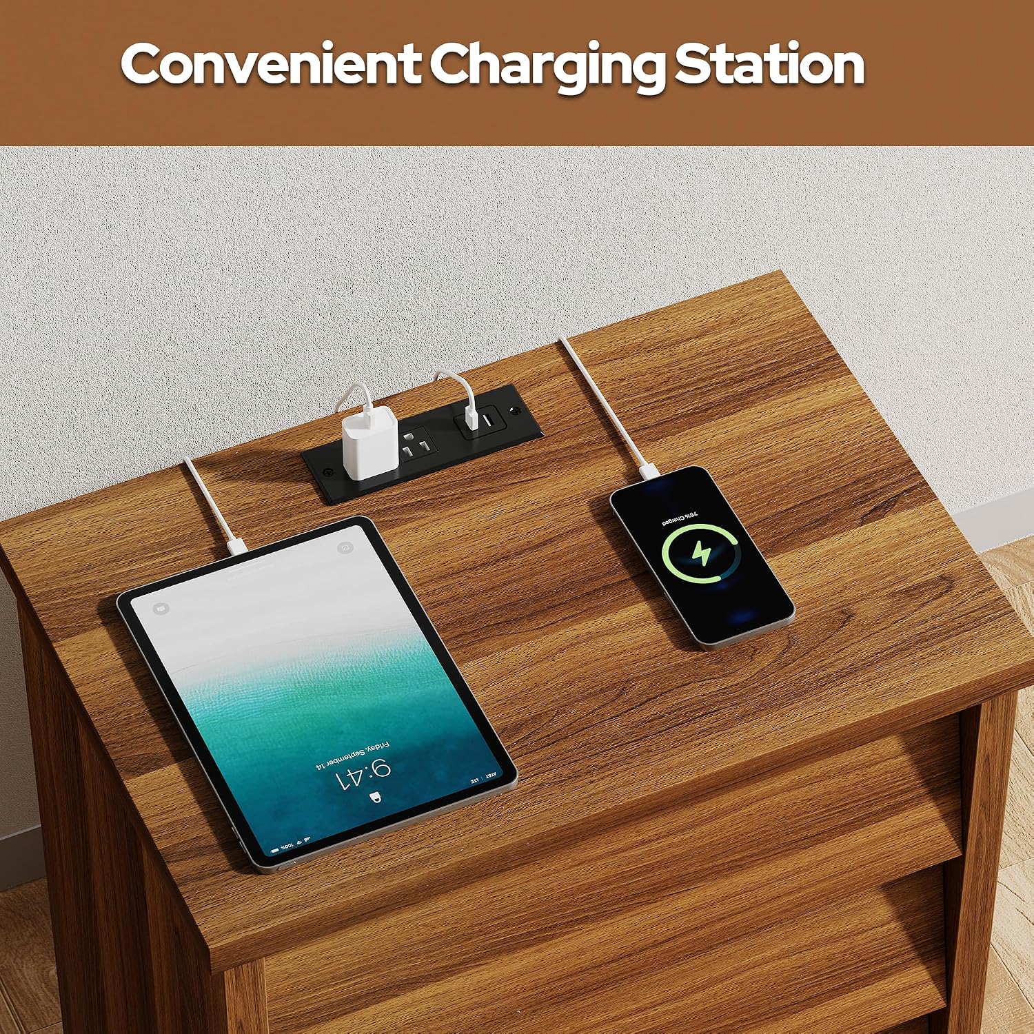 23' Wide Nightstand Set of 2 with Charger Station, Wood Night Stand with 3 Drawers, Modern Bedside Table with USB Ports and Outlets, Storage Bed Side End Table for Bedroom, Living Room (Walnut)