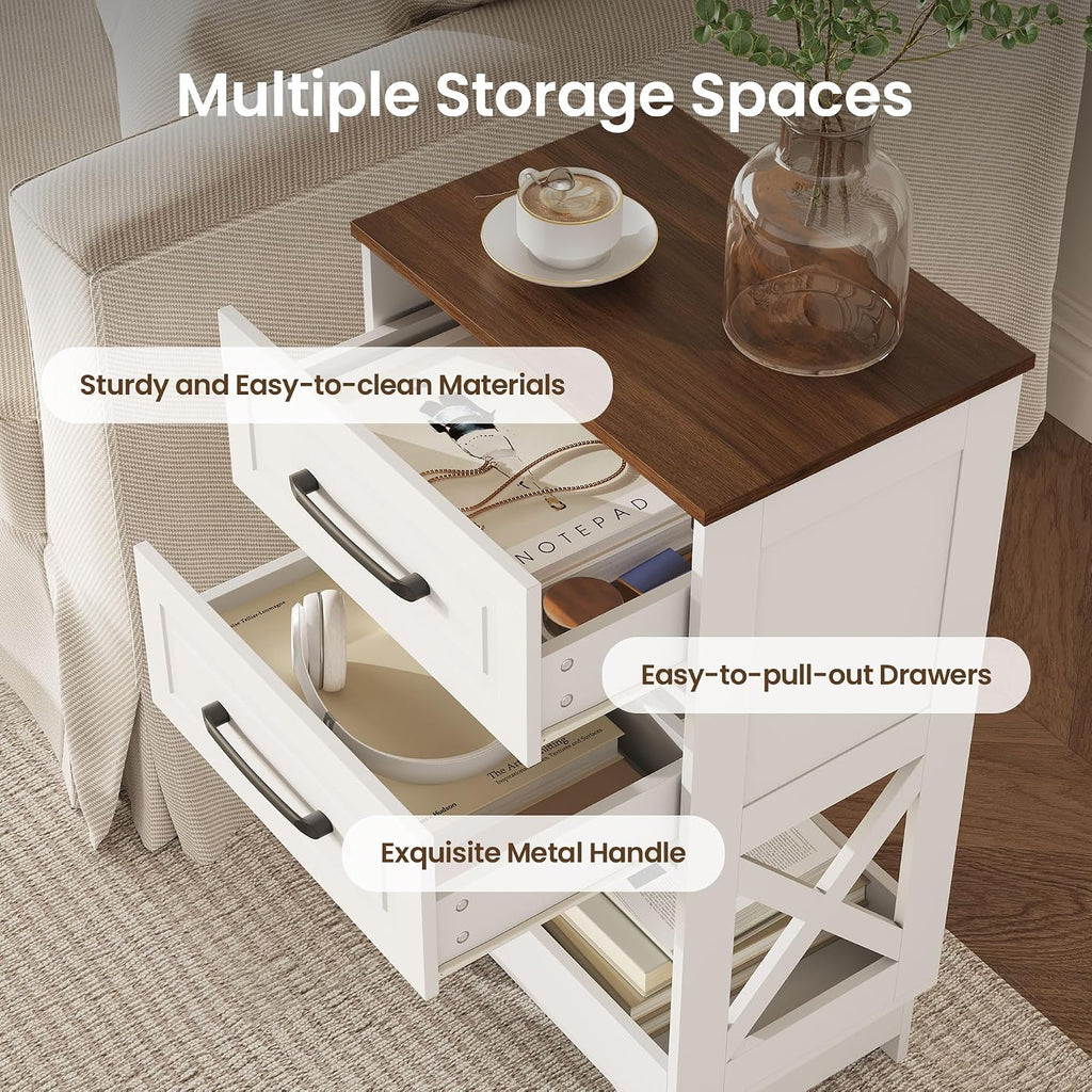 Tall Nightstand Set of 2 Side Table Modern Night Stand with 2 Drawers Wooden Rustic End Table Bedside Table with Upper Open Shelf Solid Feet for Bedroom White+Walnut
