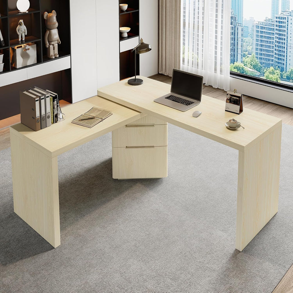 Merax Home Office Desk L Shaped with 3 Drawers,Wooden Rotating Desk | 90' Large Executive Office Workstation,Corner Work Table for Study Writing,Walnut