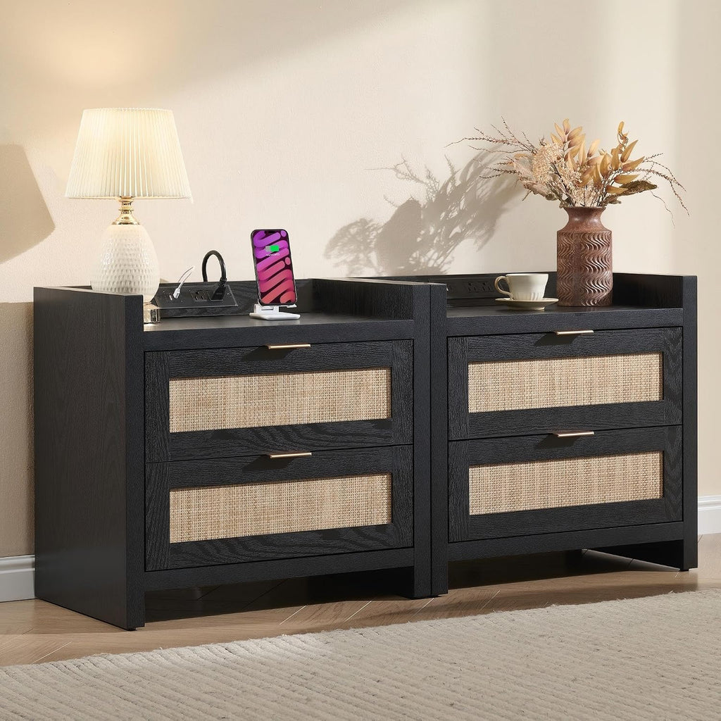 SICOTAS Black Nightstands Set of 2 Bed Side Table - Boho Night Stand End Table with Type-C Charging Station, 2 Rattan Decor Drawers Storage Cabinet Night Stands for Bedroom, Black Oak