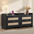 SICOTAS Black Nightstands Set of 2 Bed Side Table - Boho Night Stand End Table with Type-C Charging Station, 2 Rattan Decor Drawers Storage Cabinet Night Stands for Bedroom, Black Oak
