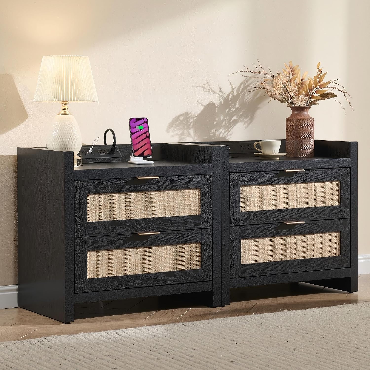 SICOTAS Black Nightstands Set of 2 Bed Side Table - Boho Night Stand End Table with Type-C Charging Station, 2 Rattan Decor Drawers Storage Cabinet Night Stands for Bedroom, Black Oak