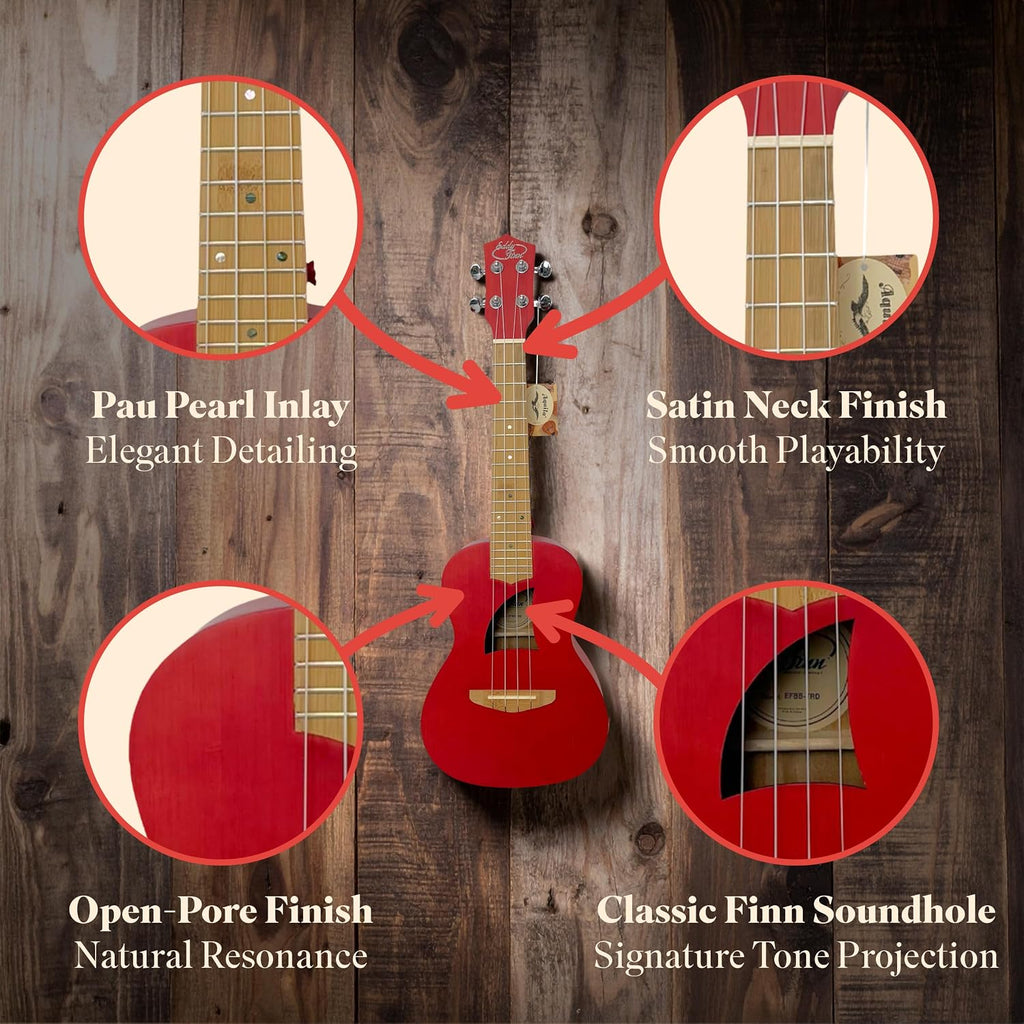 Bamboo Beach Concert Ukulele for Adults, Beginner and Professional Musical Instrument, Travel-Friendly with Gig Bag, Transparent Red