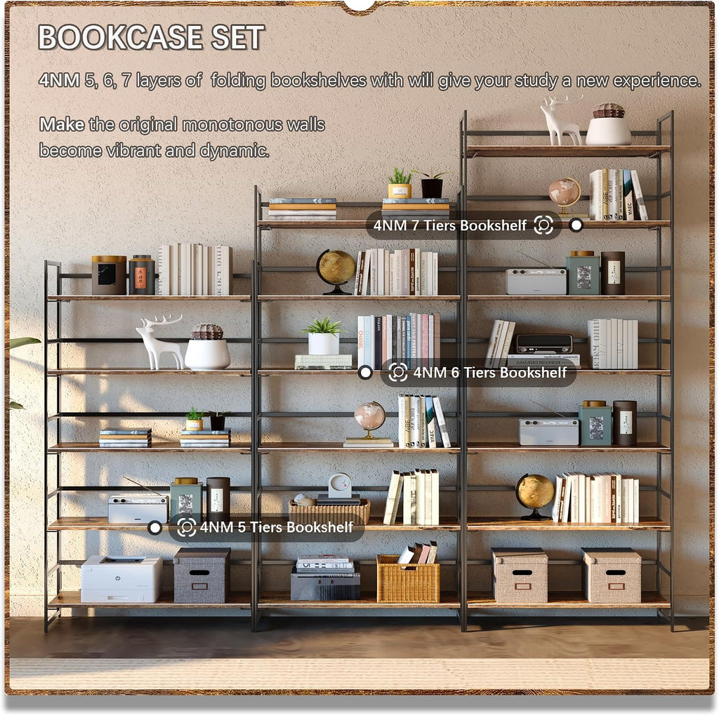 4NM No Assembly 6 Tier Collapsible Book Shelves, 61.8' H x 23.6' W Folding Bookshelf Bookcase Open Industrial Foldable Shelf for Bedroom, Living Room, Home Office - Rustic Brown Black
