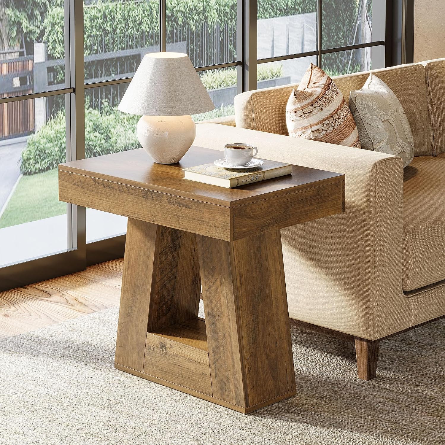 Tribesigns 24' Modern Side Table Set of 2, 2-Tier Narrow Wooden End Table with Trapezoid Base, Farmhouse Small Nightstand for Living Room, Bedroom (Brown)
