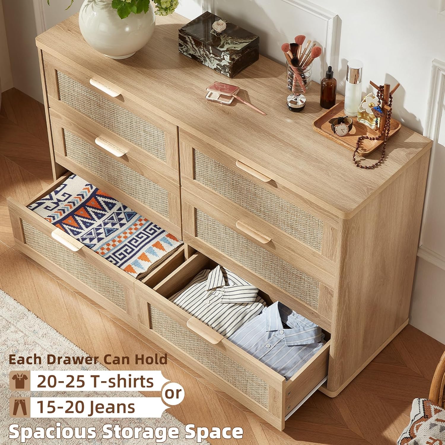 LEYAOYAO Rattan 6 Drawer Dresser for Bedroom, Boho 48' Wide Natural Wood Dresser Chest of Drawers, Dressers TV Stand with Metal Handle, Storage Dressers Closet Organizer for Living Room, Hallway