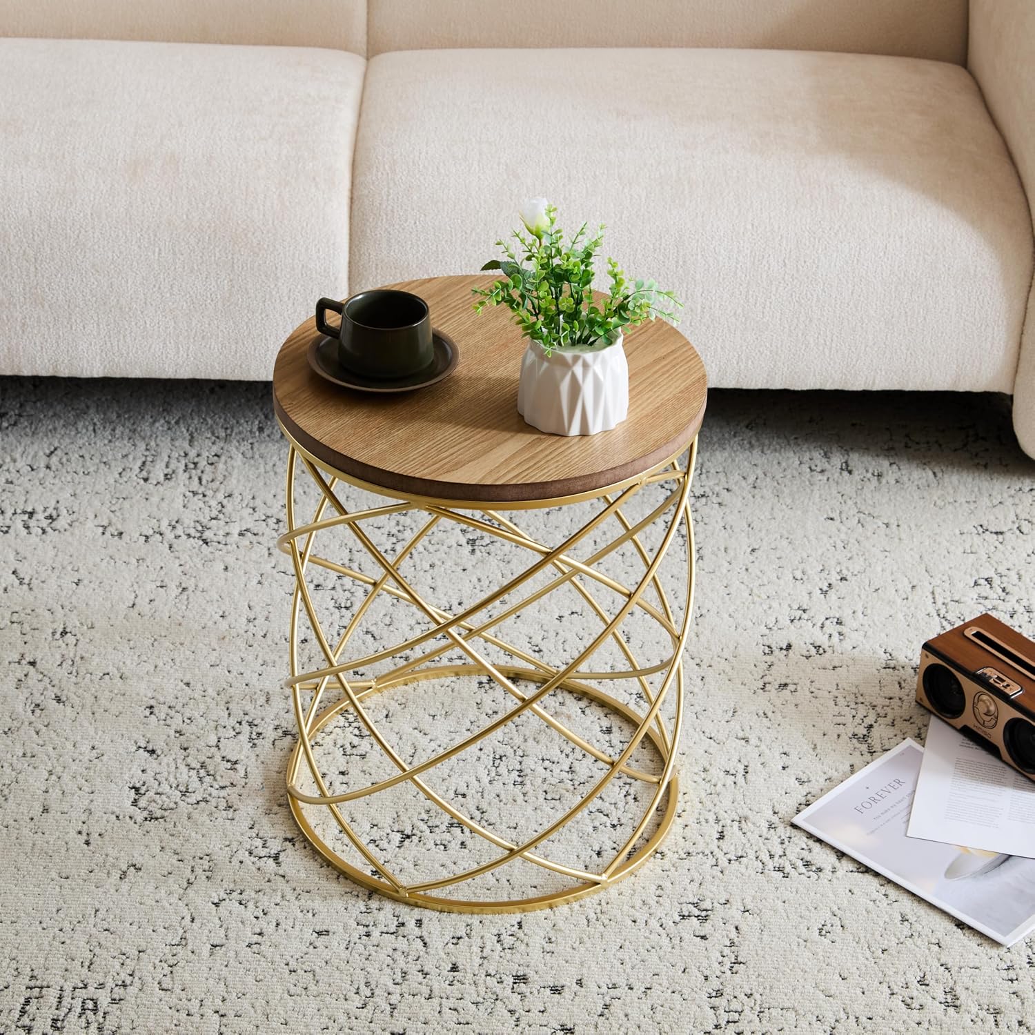 Christopher Knight Home Vevia 17' Golden End Table, Metal Accent Table, Round Wooden Top, Nesting Designed Home Decor, Birdcage Small Coffee Tables for Living Room, Bedroom, No Assembly, Natural+Gold