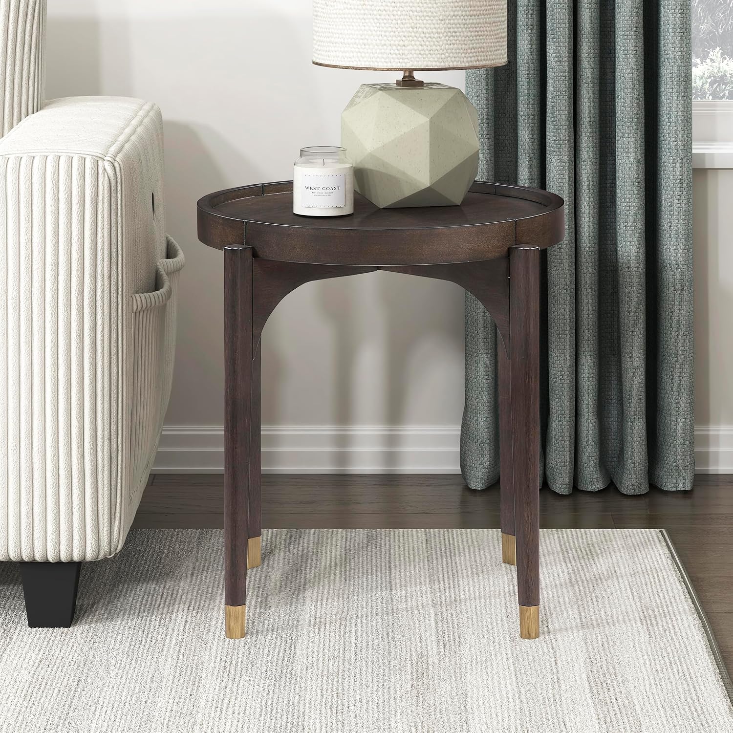 Lexicon Wood Round End Table with Gold Metal Cap, 36' Dia. Mid Century Modern Round Birch Wood Veneer Sofa Side Table for Contemporary Living Room, Easy Assembly, Dark Brown