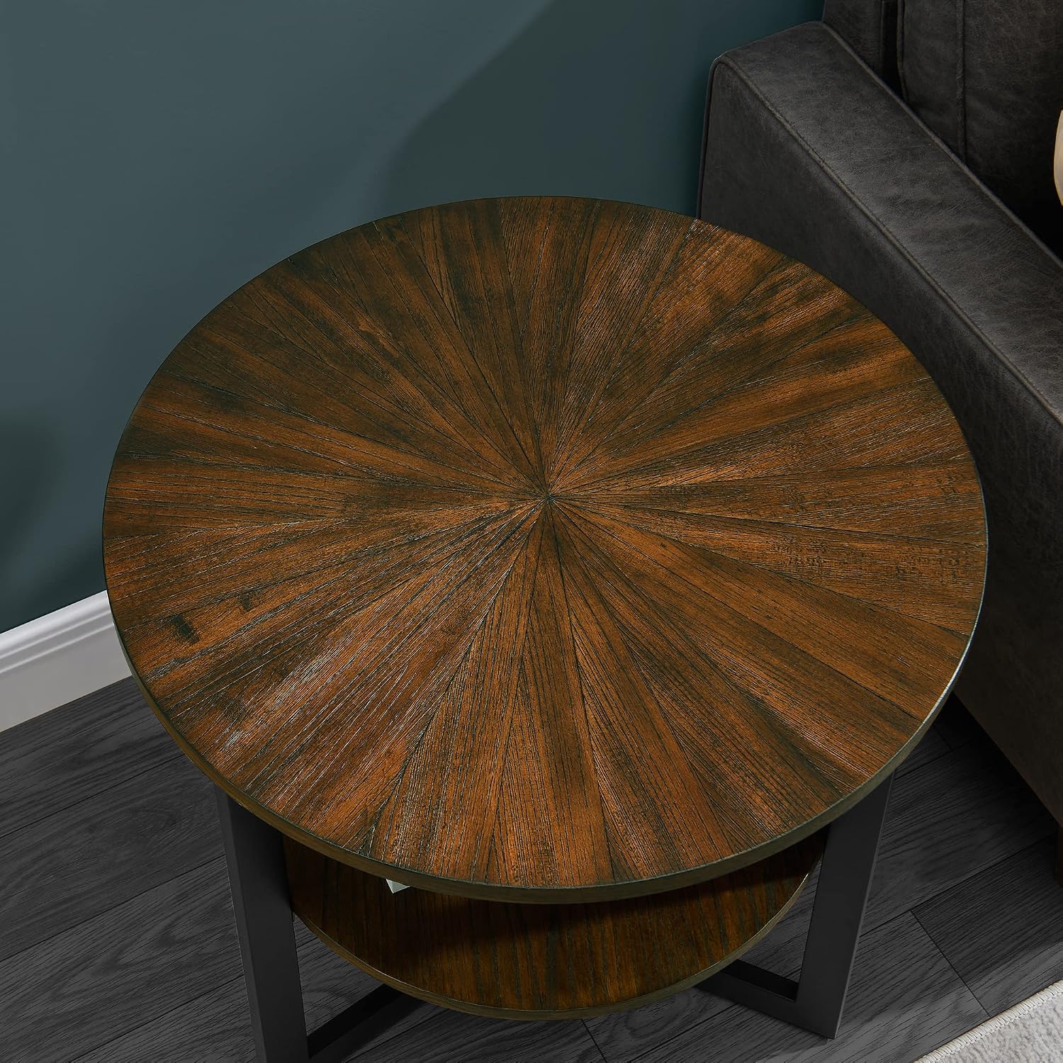 Large End Table with Storage Shelf Rustic Circular Sofa Side Table with Black Metal Legs Solid Wood Nightstand Telephone Table for Living Room Bedroom 25.2'D x 24'H Natural Brown CJZ1338NC