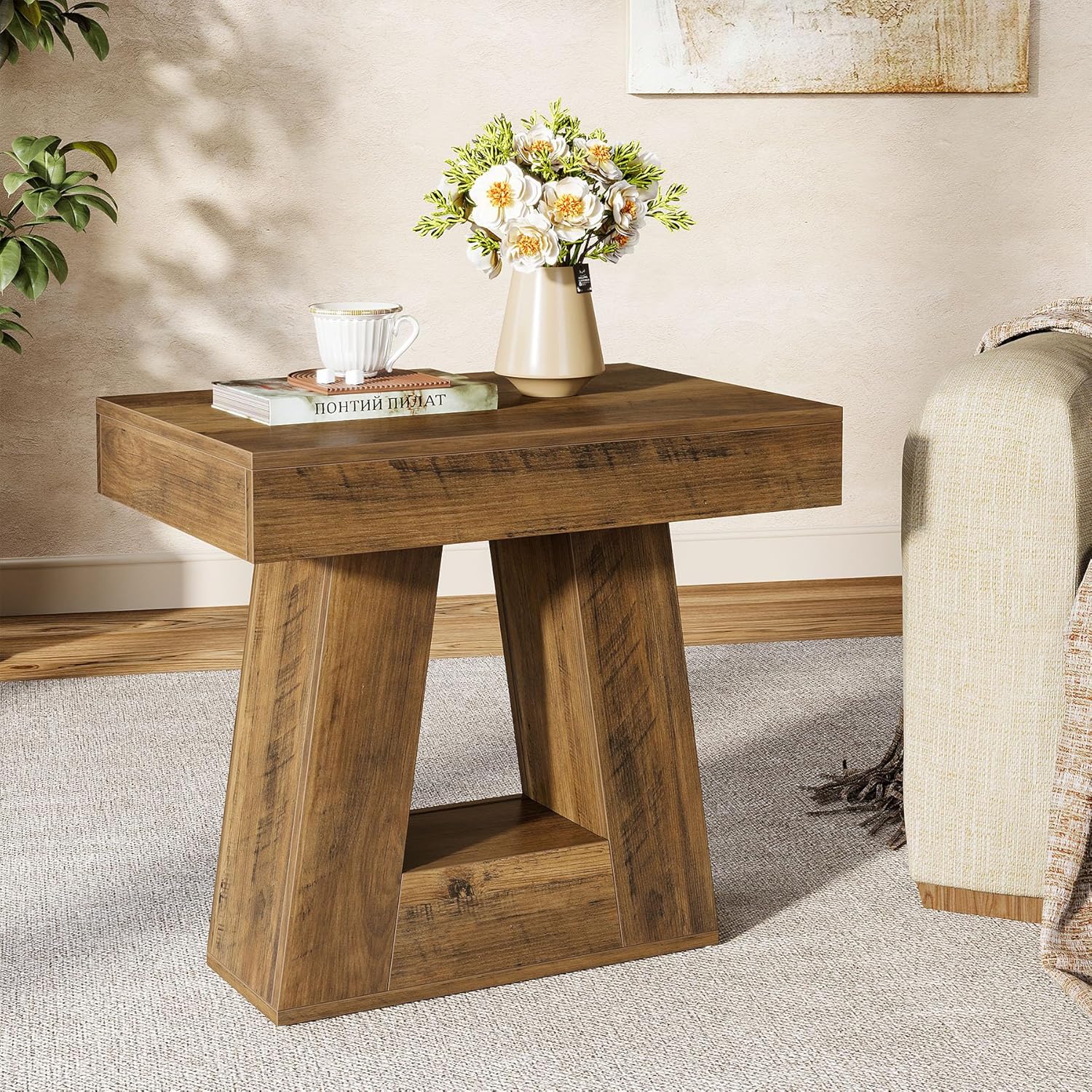 Tribesigns 24' Modern Side Table Set of 2, 2-Tier Narrow Wooden End Table with Trapezoid Base, Farmhouse Small Nightstand for Living Room, Bedroom (Brown)