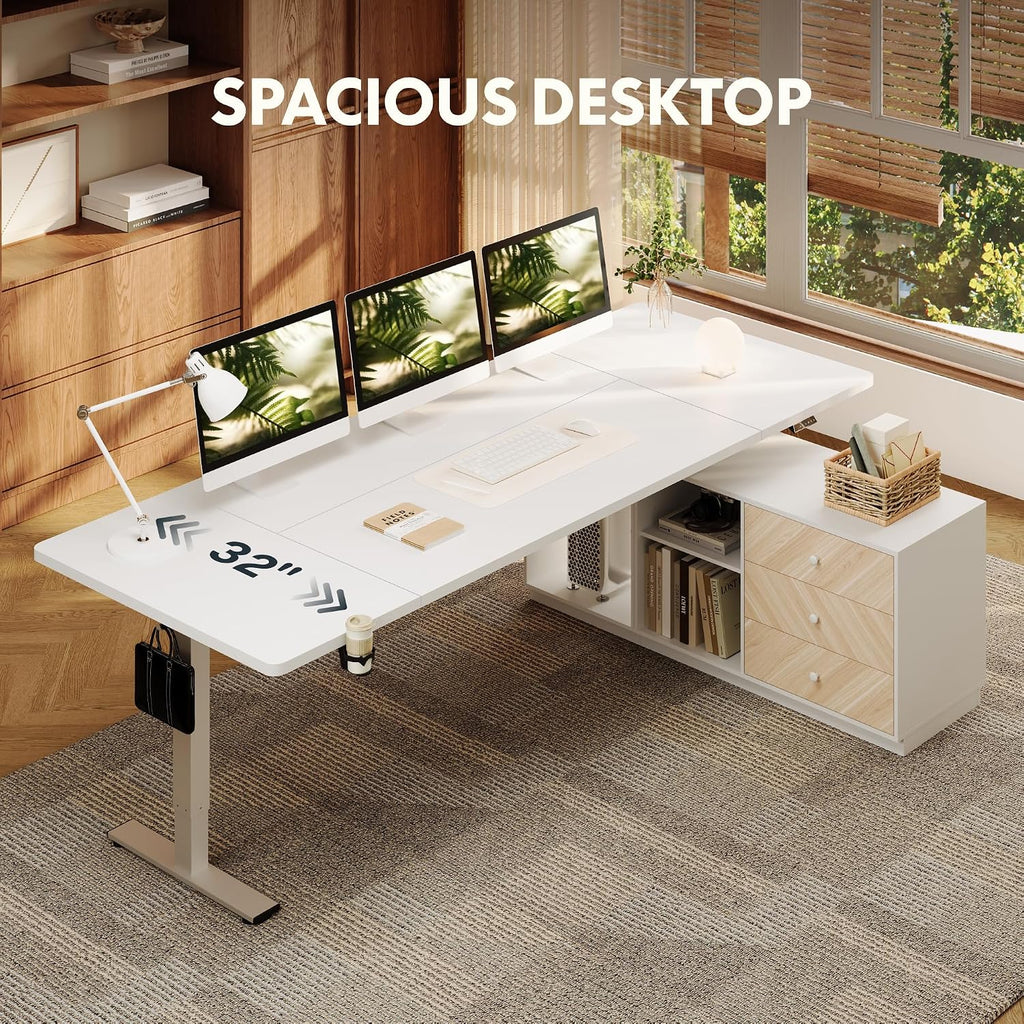 FLEXISPOT L Shaped Standing Desk with Drawers, Large Electric Height Adjustable Executive Desk, Sit Stand Desk for Home Office and Workstation, PC Cabinet (71'x32' White)