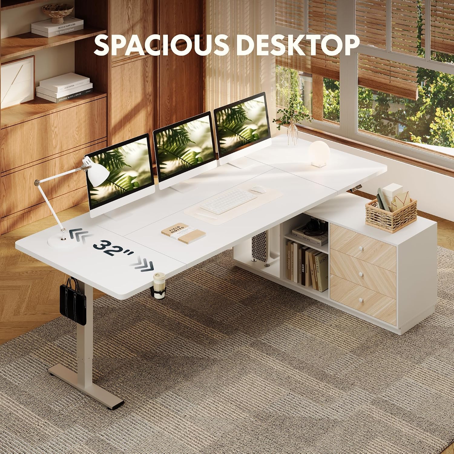 FLEXISPOT L Shaped Standing Desk with Drawers, Large Electric Height Adjustable Executive Desk, Sit Stand Desk for Home Office and Workstation, PC Cabinet (71'x32' White)
