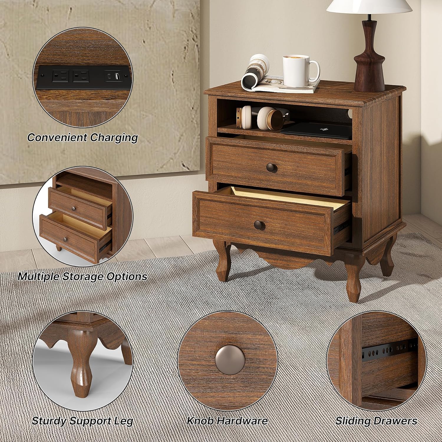 Solid Wood Nightstand, Fully Assembled Night Stand with 2 Drawer & Open Shelf Storage, Bedside Table with Charging Station, Mid-Century Modern End Table for Bedroom, Walnut