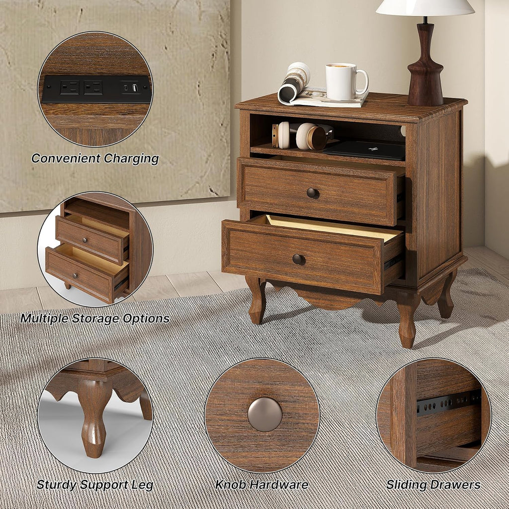 Solid Wood Nightstands Set of 2, Fully Assembled Night Stand with 2 Drawer & Open Shelf Storage, Bedside Table with Charging Station, Mid-Century Modern End Table for Bedroom, Walnut