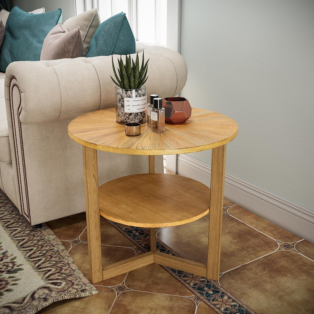Large Round End Table, Rustic Beside Table with Umbrella Shaped Top, Traditional Circular Sofa Side Table with Shelf, 25.2'D Nightstand, Telephone Table for Living Room Natural CJZ3338OA
