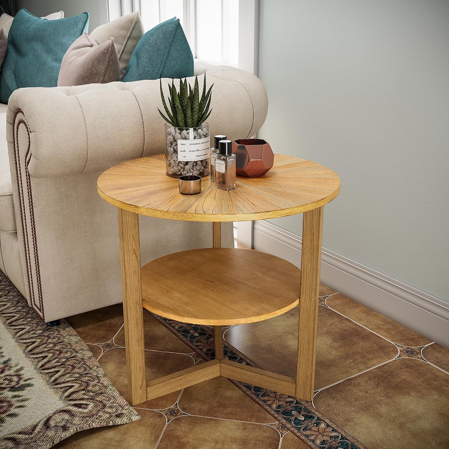 Large Round End Table, Rustic Beside Table with Umbrella Shaped Top, Traditional Circular Sofa Side Table with Shelf, 25.2'D Nightstand, Telephone Table for Living Room Natural CJZ3338OA