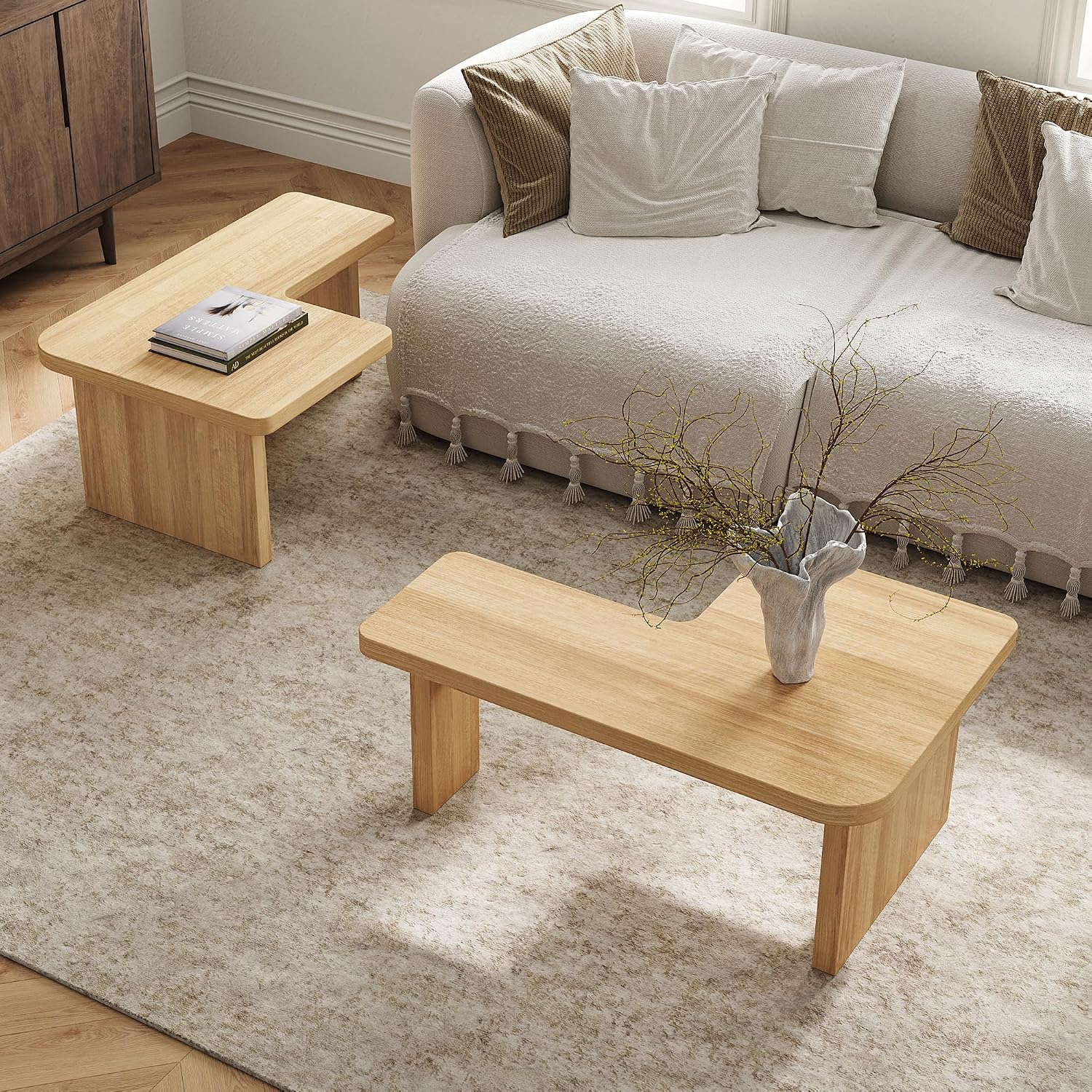 Modular Modern Coffee Table for Living Room, Free Adjustable Shape, Minimalist Square Living Room Tea Table, Light Wood Nesting Table Set of 2