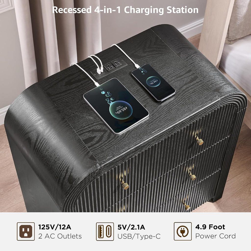 T4TREAM Fluted Nightstand with Charging Station, 32' Large 3 Drawers Bedside Table, Modern End Table with Storage Night Stand for Bedroom, Living Room, Round Curved Corner Design, Black Oak