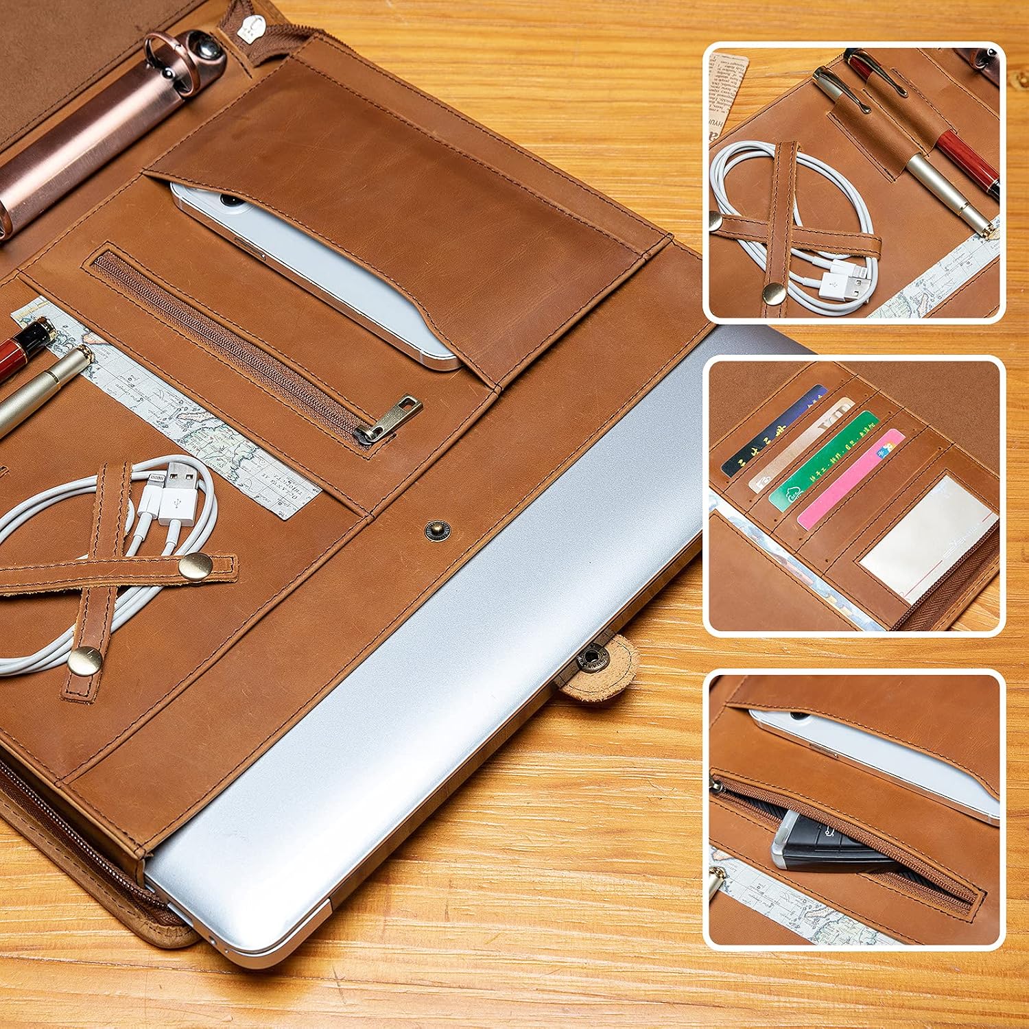 YIWEN Personalized Leather Portfolio with Handle, 3 Ring Binder, Zippered Padfolio for 13' Tablet, 8.5 x 11 Notepad, Professional Business Document Organizer (Brown, Crazy Horse Leather)