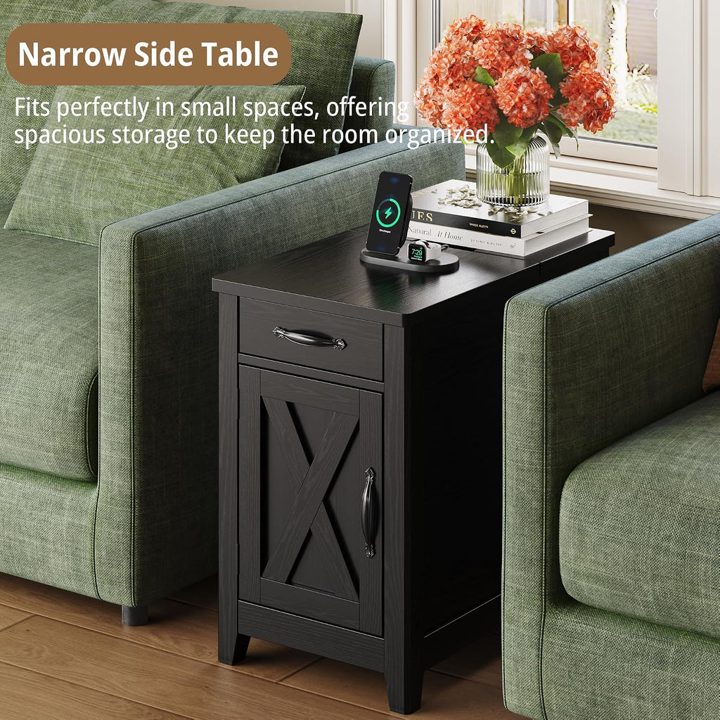 IRONCK End Table with Charging Station, Narrow Side Table for Living Room, Night Stand Set of 2 with Drawer and Cup Holder, Farmhouse Bedside Table with USB Ports and Outlets for Home, Black