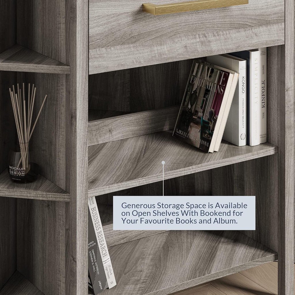 BELLEZE Corner Cabinet with Ultra-Fast USB Type A/C Outlet, Corner Table with 1 Storage Drawer and 8 Shelves, Store and Organize Home Furniture for Bedroom, Living Room Small Space - Sonoma (Gray)