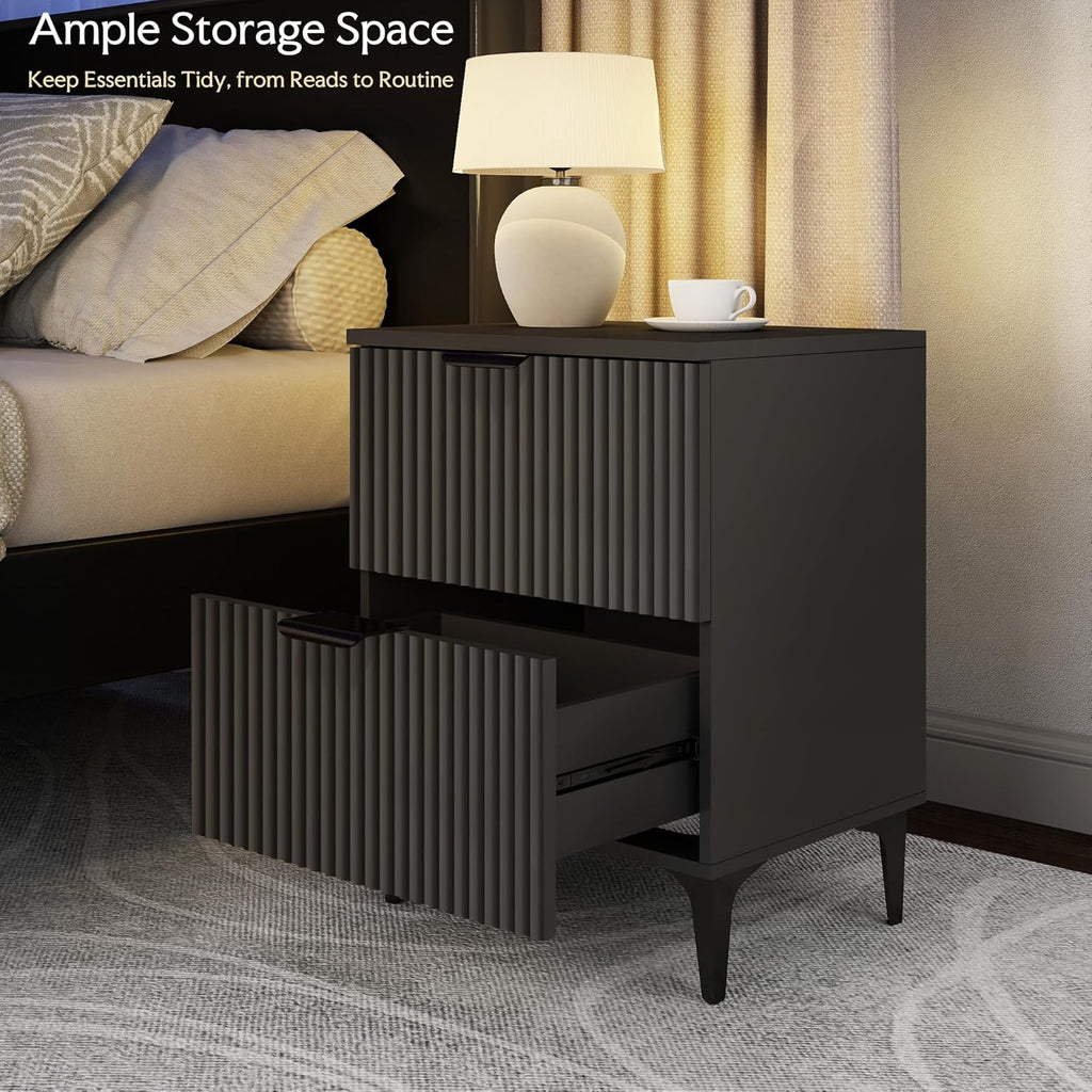 SUNWAVE Black Fluted Nightstand Set of 2, Modern Night Stands with 2 Drawers, Bedside Table for Twin/Full/Queen Bed, End Table with Robot-Friendly Metal Legs for Bedroom, Living Room